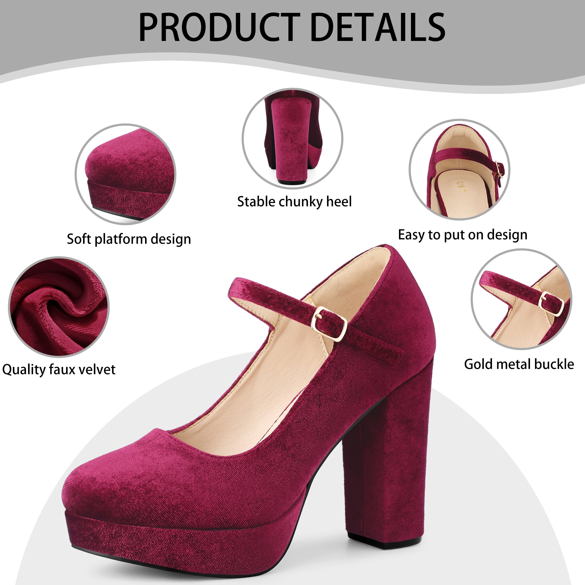 DARING DIVA Women's Velvet Ankle Strap Platform Block Heels Mary Jane Pumps Burgundy 11