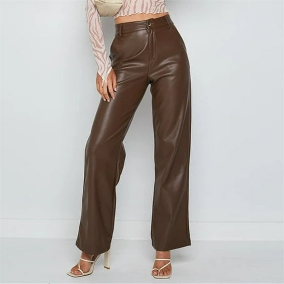 Musuos Women Faux Leather Pants High Waist Straight Wide Leg Punk Solid Color Pu Pants