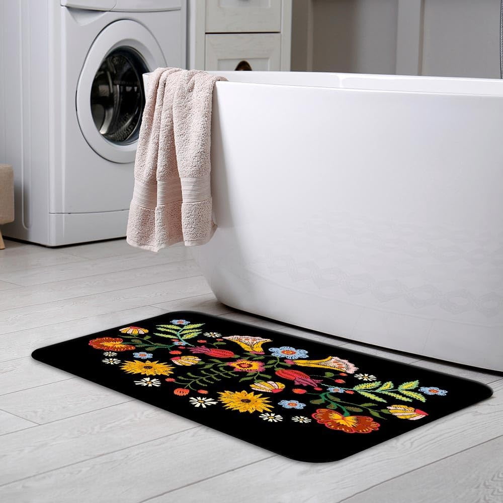 Embroidery Ethnic Pattern Colorful Bath Rugs 16x24 Inch Non Slip Bath Mat Quick Dry Absorbent Thin Bath Rug Fit Under Door Washable Bath Floor Rugs for Bathroom Bathtub Shower Sink,Multi 2