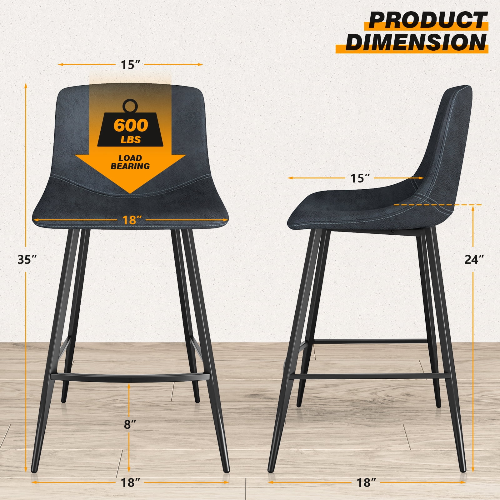 TAVR Furniture 600 lbs Counter Height Bar Stools Set of 3, 24 inch Leathaire Barstools with Back, Bar Chairs with Metal Legs for Kitchen Island, Dining Room, Party Room & Restaurant, (Navy Blue)
