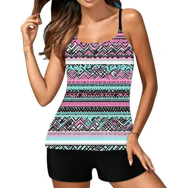 Trajes de baño tankini para mujer Trajes de baño de dos piezas con espalda de tiras y estampado conservador para mujer Traje de baño de dos piezas para mujer