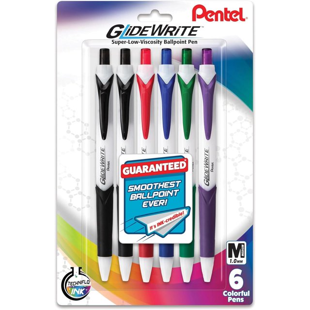 fuzhong-Pens, GlideWrite Supe Low Viscosity Ballpoint Pen with TechniFLO Ink - 6 colored pens, assorted ink 1.0mm Retractable Barrel Design - Easy Grip & Smooth Writing, Metal Tip, Medium point pen.
