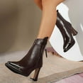 thumbnail image 6 of Dasayo Brown Womens Boots Wide Calf Ankle Pointed Toe Faux Leather Block Heel Cozy Dress Boots Womans Shoes 42, 6 of 9