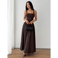 thumbnail image 5 of Petite Womens Brown Solid Square Neck Ruched Flared Maxi Dress For Spring Summer, 5 of 8