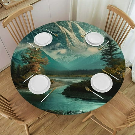 

Patifu Mountain River Trees Round Table Cover 100% Polyester Stain Resistant Washable Indoor Outdoor Tablecloth Kitchen Dining Wedding Parties Farmhouse Decor 46 -50
