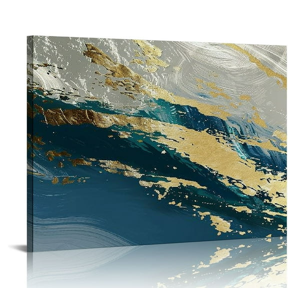 Nawypu Blue Gold Abstract Canvas Wall Art Gold Foil Artwork for Walls Navy Blue Black Abstract Print Modern Blue Gold Painting Grey And Navy Abstract Pictures Blue Gold Foil Poster Decor  No Frame