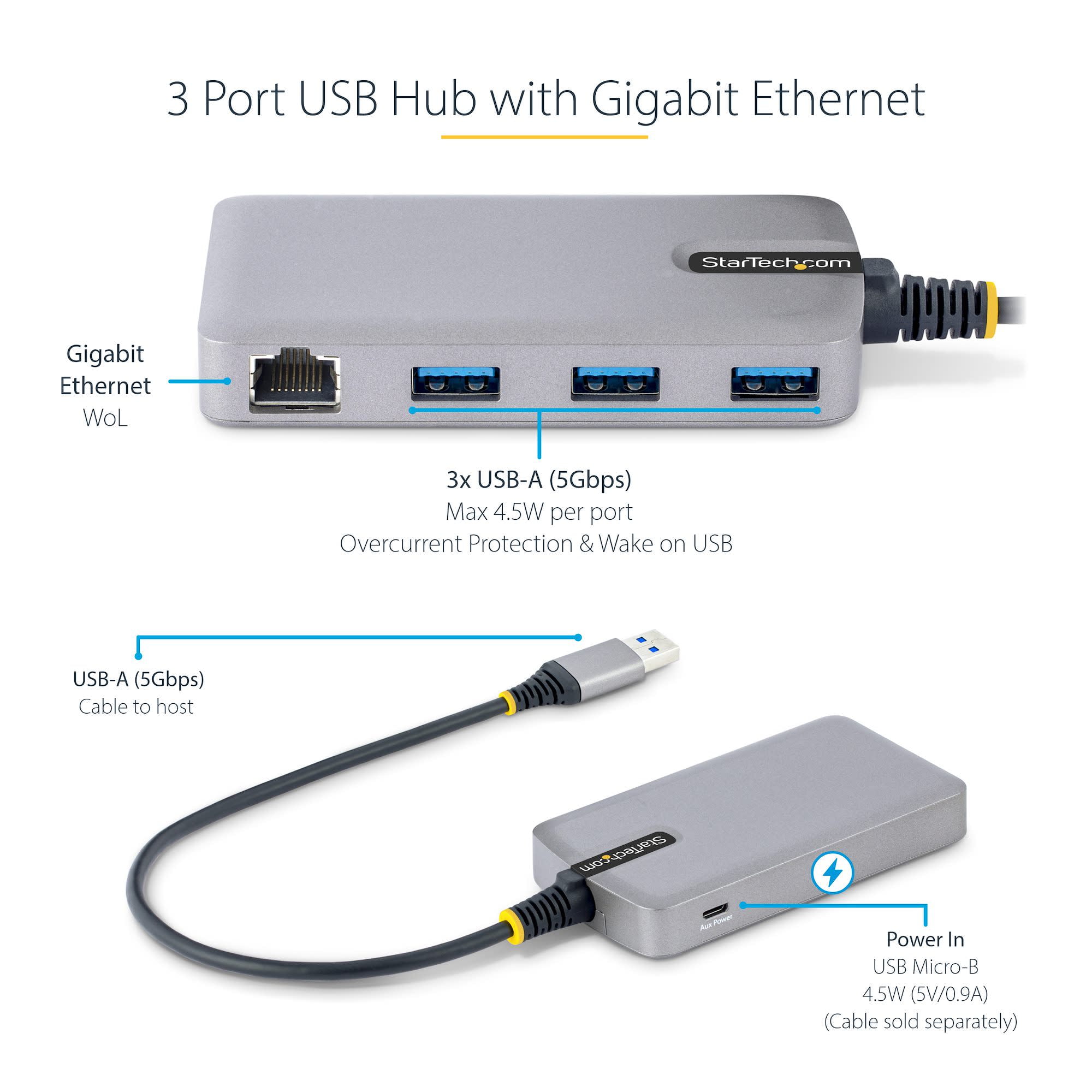 StarTech 3 USB-A Port USB Hub with Ethernet 5Gbps Bus Powered 5G3AGBBUSBAHUB