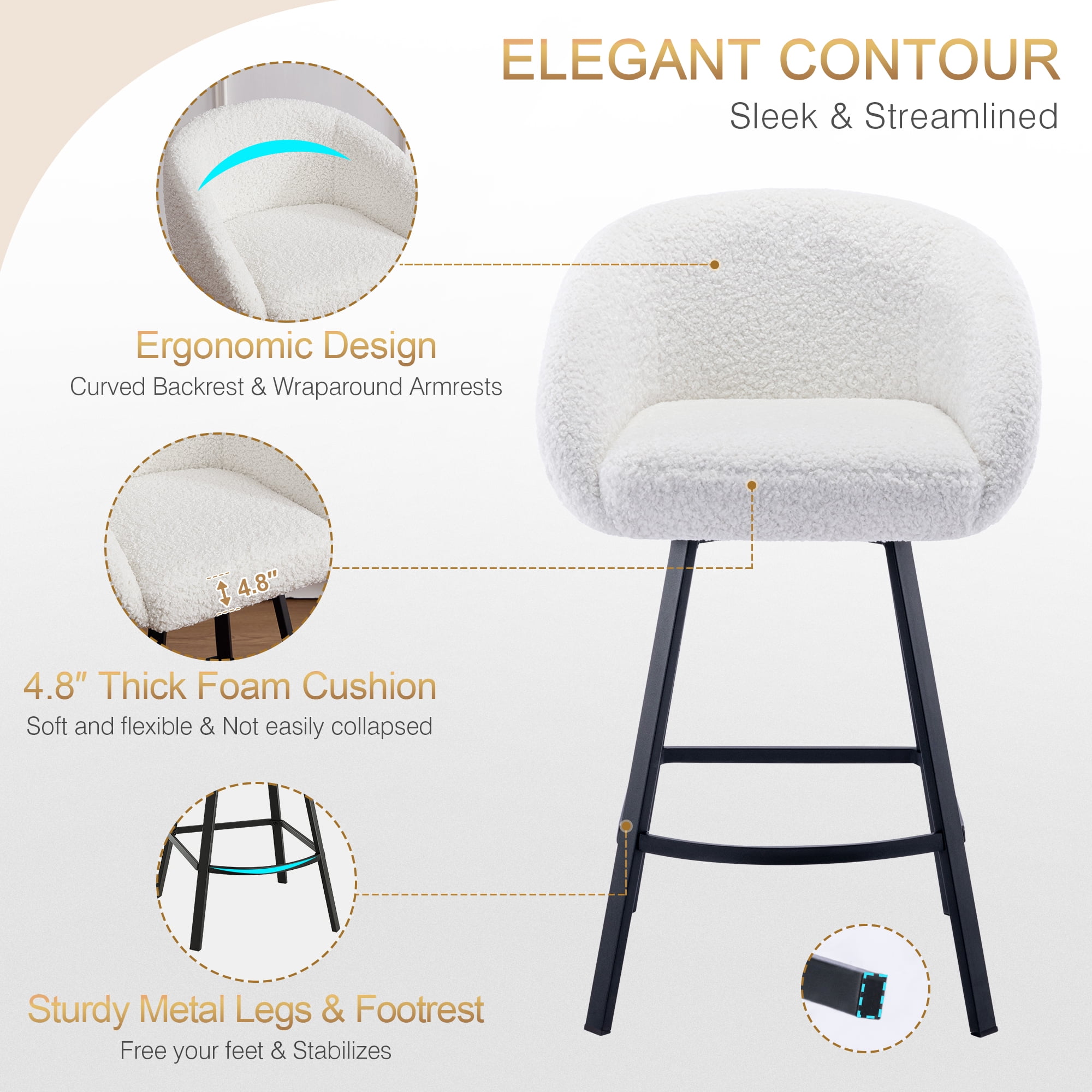 Zesthouse Swivel Counter Height Bar Stools Set of 1, 26.4" Counter Height Sherpa Upholstered Barstools with Barrel Back and Arms, Modern Counter Stool for Pub Kitchen Island, White