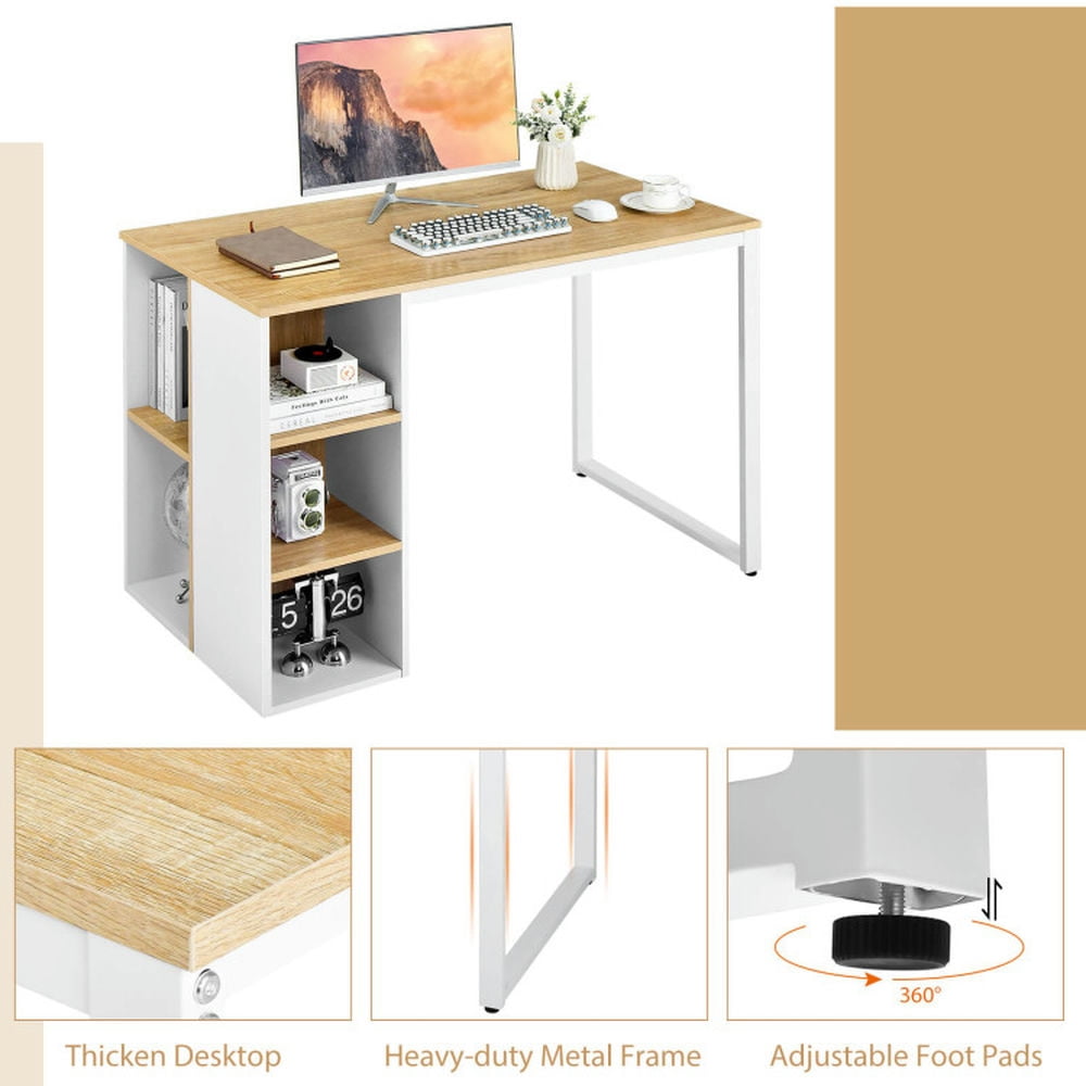 Demi Bonn Computer Desk with 5 Side Shelves and Metal Frame, Small Home Office Desk Study Writing Table, White