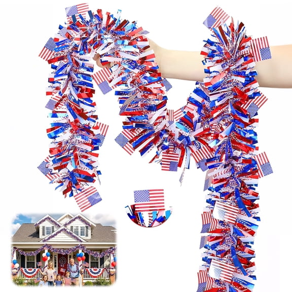 Amaopus 8 Pack 4th of July Garland Decorations, 52.5Ft Red White and Blue Patriotic Tinsel Garlands, USA 250th Anniversary Independence Day for  Party Table, Yard Door, Indoor Outdoor Holiday Home