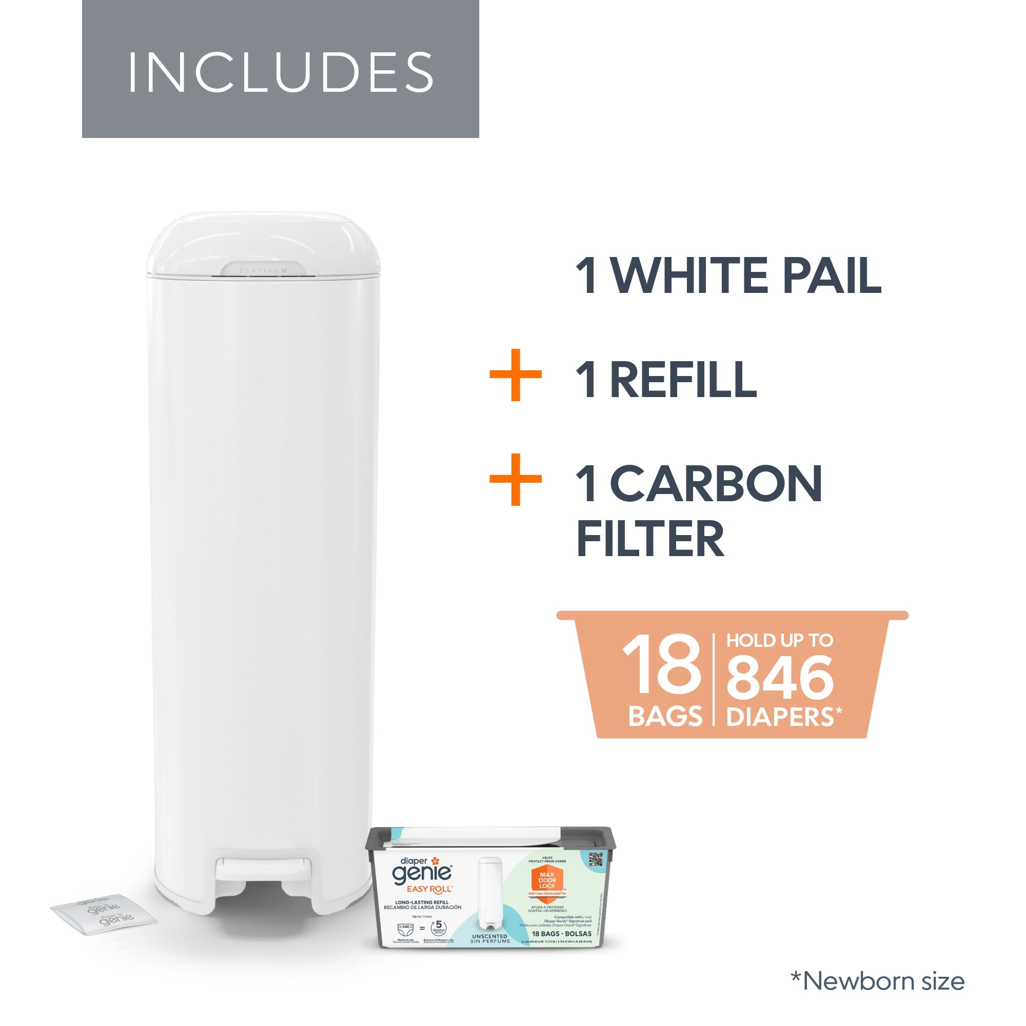 Diaper Genie Platinum Pail,White,Stainless Steel, 1 Diaper Pail,1 Easy Roll 18 Bags, Infant