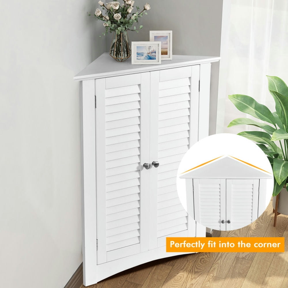Finihen Storage Cabinet, Floor Cabinet, Adjustable Corner Storage Cabinet with Shutter Doors, for Bathroom, Living Room, Bedroom, Kitchen, White