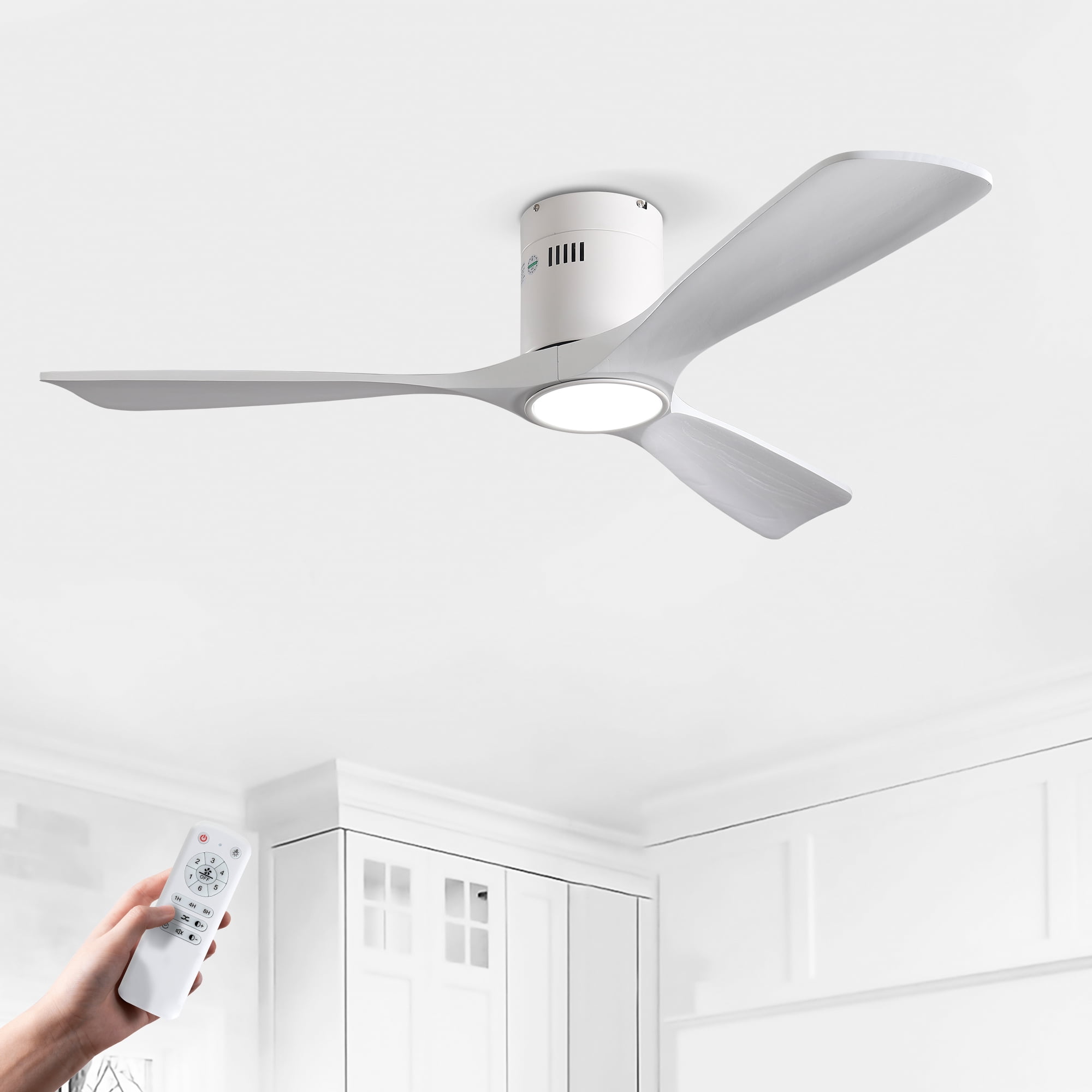 Ceiling Fan with Light, 52 Inch Solid Wood Blade Fan for Bedroom Home Indoor Rest Space, Matte White Wood