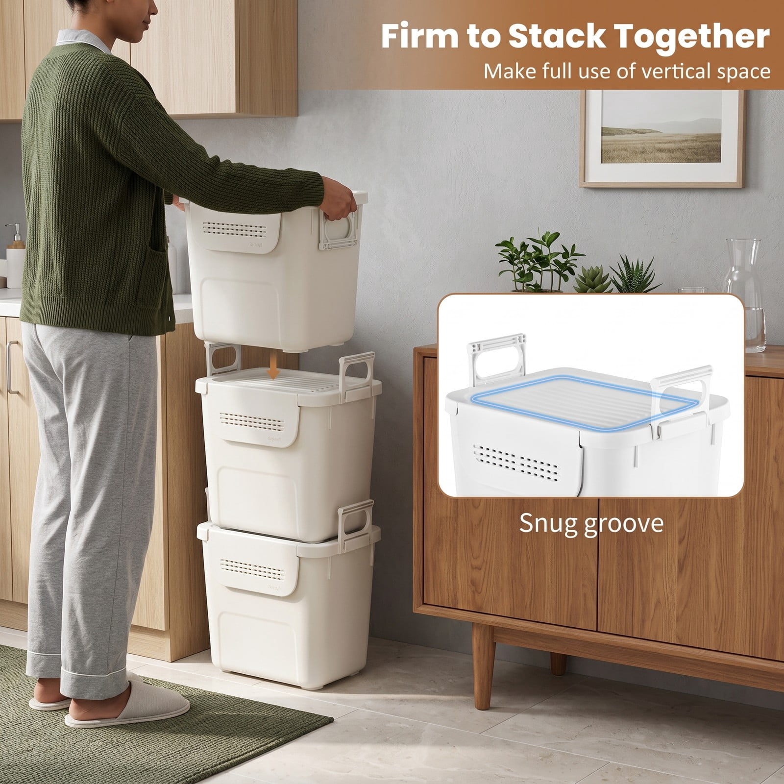 Furnibear Set of 3 Stackable Plastic Storage Bins with Front Flap Door and Side Handles for Kitchen and Closet Organization, White