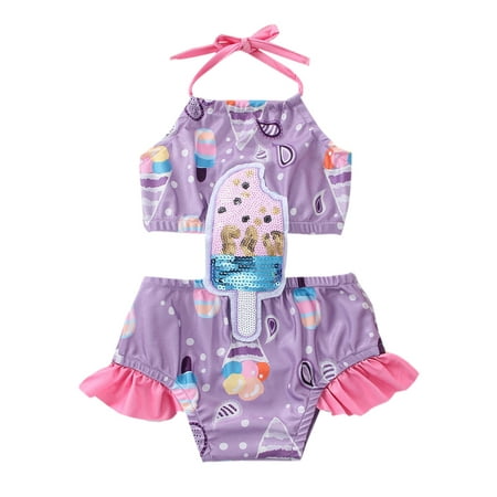 

Infant Baby Girl Swimsuits Ruffles Ice Cream Print Halter Sleeveless Jumpsuit Swimwear Beachwear