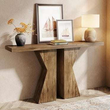 Finmind Farmhouse Entryway Table, 55.12 Inch Console Table Behind Sofa Table, Wood Foyer Entry Table with K-Shaped Frame for Entrance Living Room, Rustic Brown