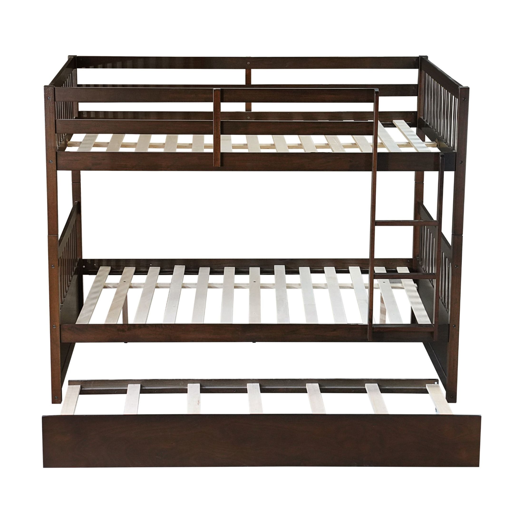 Noble House Full Over Full Rubber Wood Bunk Bed, Convertible Design with Ladder, Guardrails & Twin Trundle, Espresso