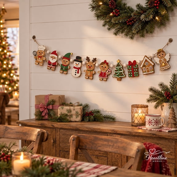Wooden Ornament Garland, Christmas Gingerbread Character Mantel Hanging for Holiday Decorating