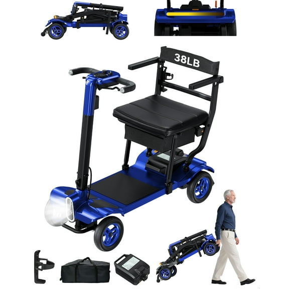 WalkFeel Mobility Scooter for Adults & Seniors, Lightweight 38lb Foldable Powered Mobility Scooter with Auto-Sensing Headlight, All-Terrain, Blue