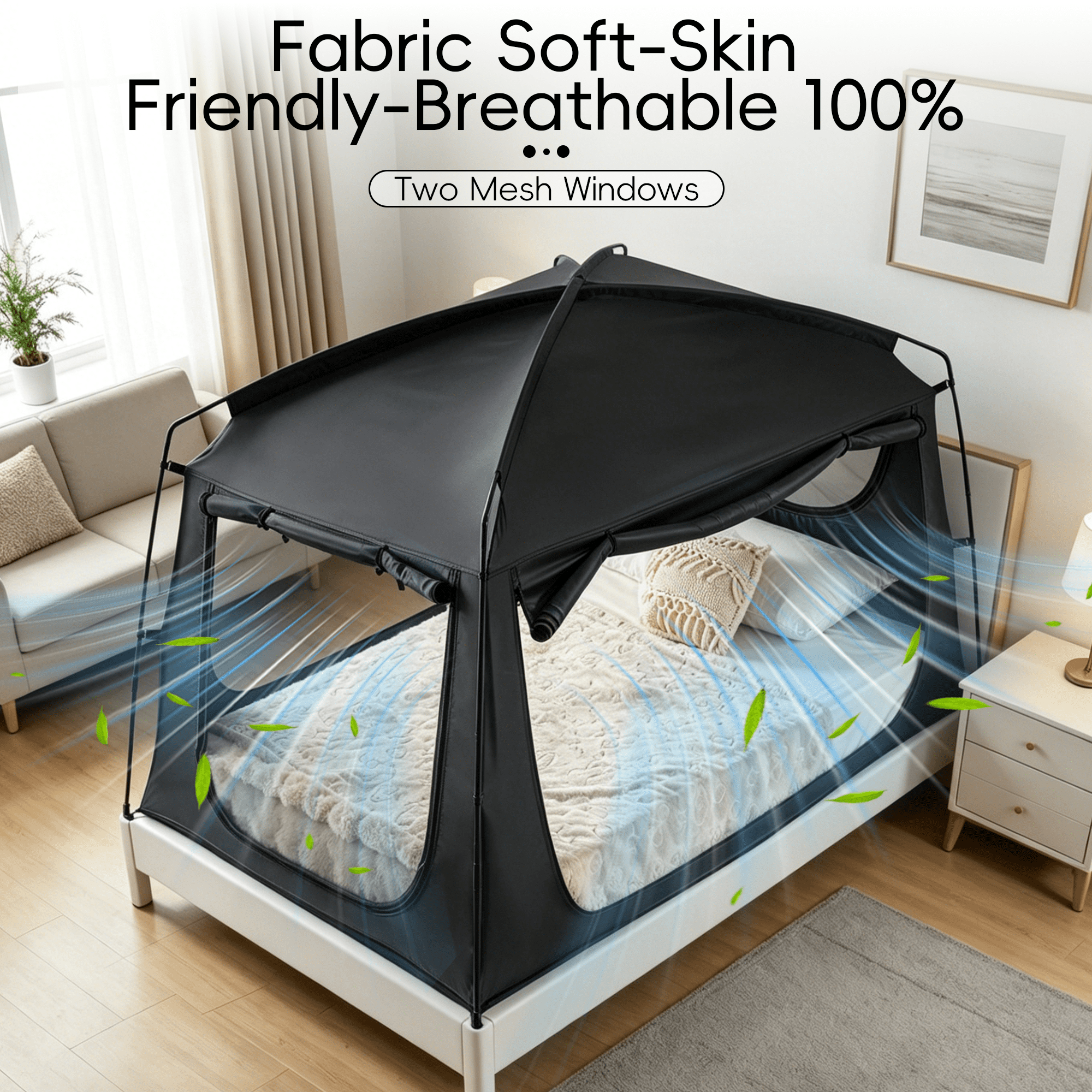 Black Privacy Twin Bed Tent for Adults Kids,Blackout Sleep Bed Tents Canopy with Breathable Mesh Windows