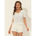 thumbnail image 3 of Blusa Corta con cintura fruncida y manga Corta con Volantes y lunares Allegra K Beige M, 3 of 5