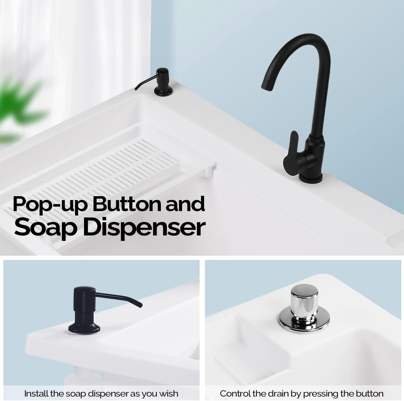 Ktaxon 27 Gallon Plastic Utility Sink with Hot/Cold Faucet, 36" Freestanding Laundry Tub with Iron Legs, Storage Shelf, Drain Board, Soap Dispenser and Pop-up Button for Bathroom, Laundry Room, White