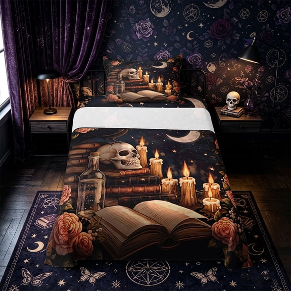 Castle Fairy Mystic Gothic Raven Skull Twin Sheets 3pcs,Starry Moon Floral Bedding,Dark Taupe,1 Fitted Sheet,1 Flat Sheet and 1 Pillowcase