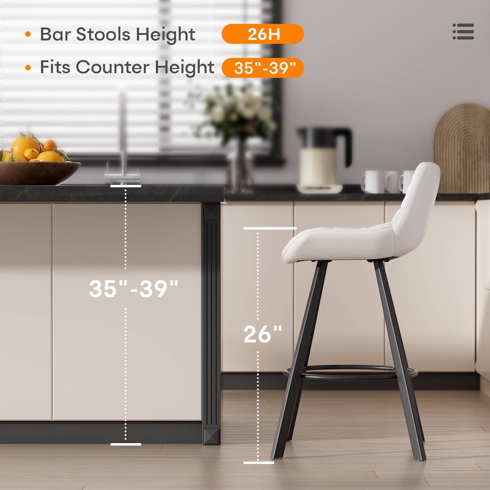 Genpo Bar Stools Set of 3, 26" Kitchen Counter Height Bar Stools with Back Metal Legs and Footrest, White Leather Barstools for Kitchen Island