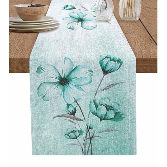 Turquoise Flowers Table Runner 72 Inches, Farmhouse Gradient Floral Plants Bed Runner Dresser Scarves Tabletop for Indoor Outdoor Parties/Ceremony/Banquet, 13" x 72"