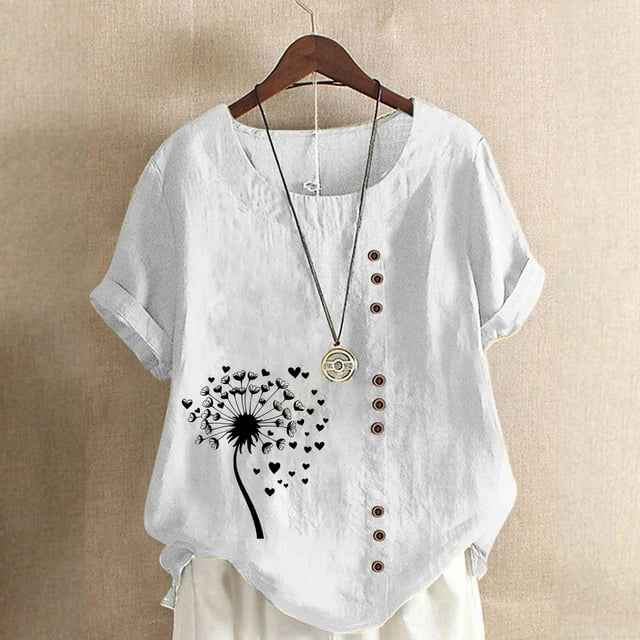 Lydiaunistar Womens Spring Tops Plus Size Casual Printed Short Sleeve Button Blouse Round Neck T-Shirt Lightweight Polyester White