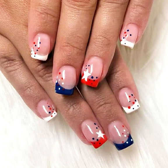 4th of July Press on Nails Medium Square Fake Nails Ombre French Tip Acrylic Nails Glossy Glue on Nails Red Blue Gradient False Nails with Stars Design Independence Day Stick on Nails for Women 24Pcs