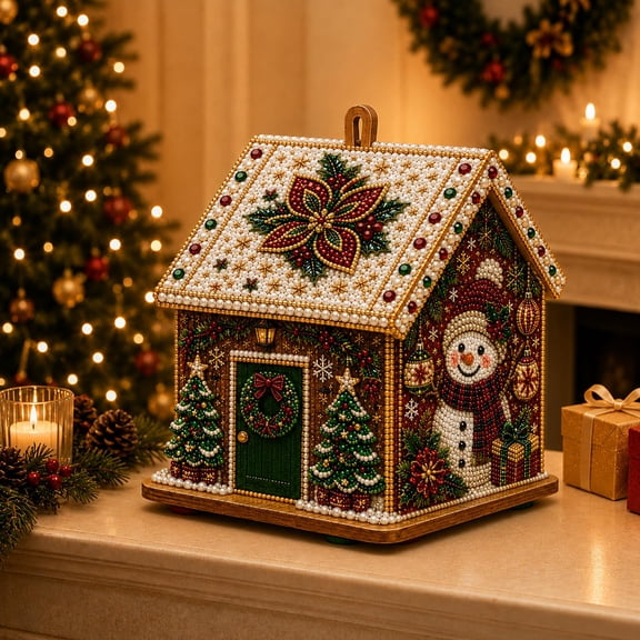 3D Christmas Wooden House Diamond Painting Kit, Pearl Rhinestone DIY Craft Set for Adults & Beginners, Holiday Ornament for Tree, Shelf & Mantel(A)