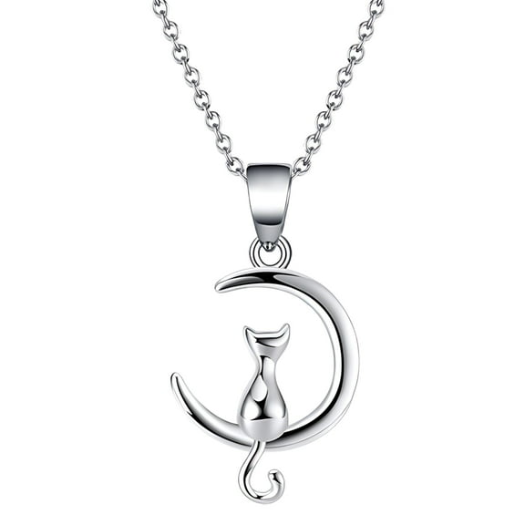 Kitty Cat on Moon Pendant Necklace for Women Sterling Silver Ginger Lyne Collection