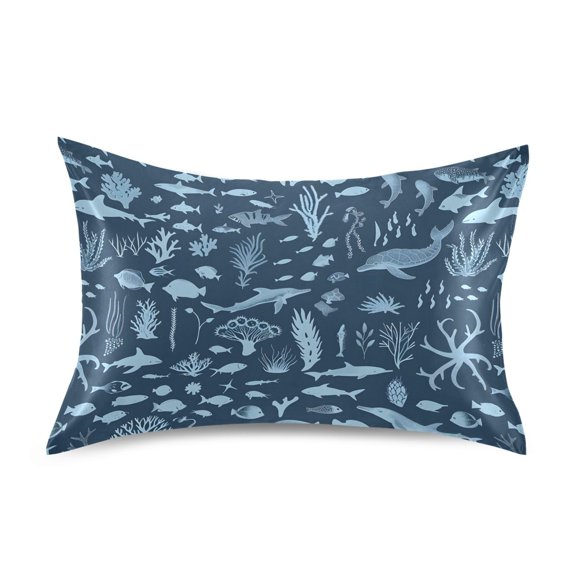 Satin Pillow Case Standard Silk Pillow Cover for Hair and Skin Envelope Closure Marine Life Silhouettes 20"x26"