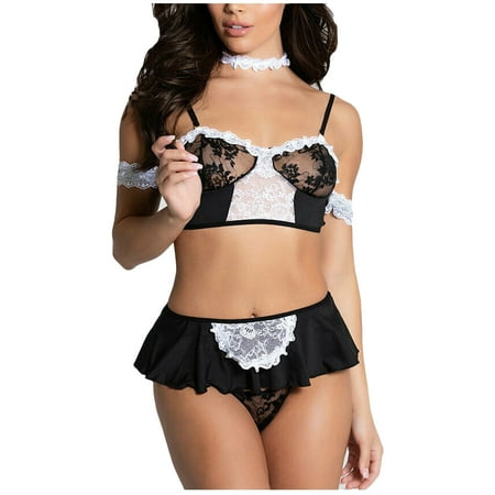 

NARABB Women s Maid Cosplay SLeeveless Suspenders Lace Uniform Sexy Lingerie Suit