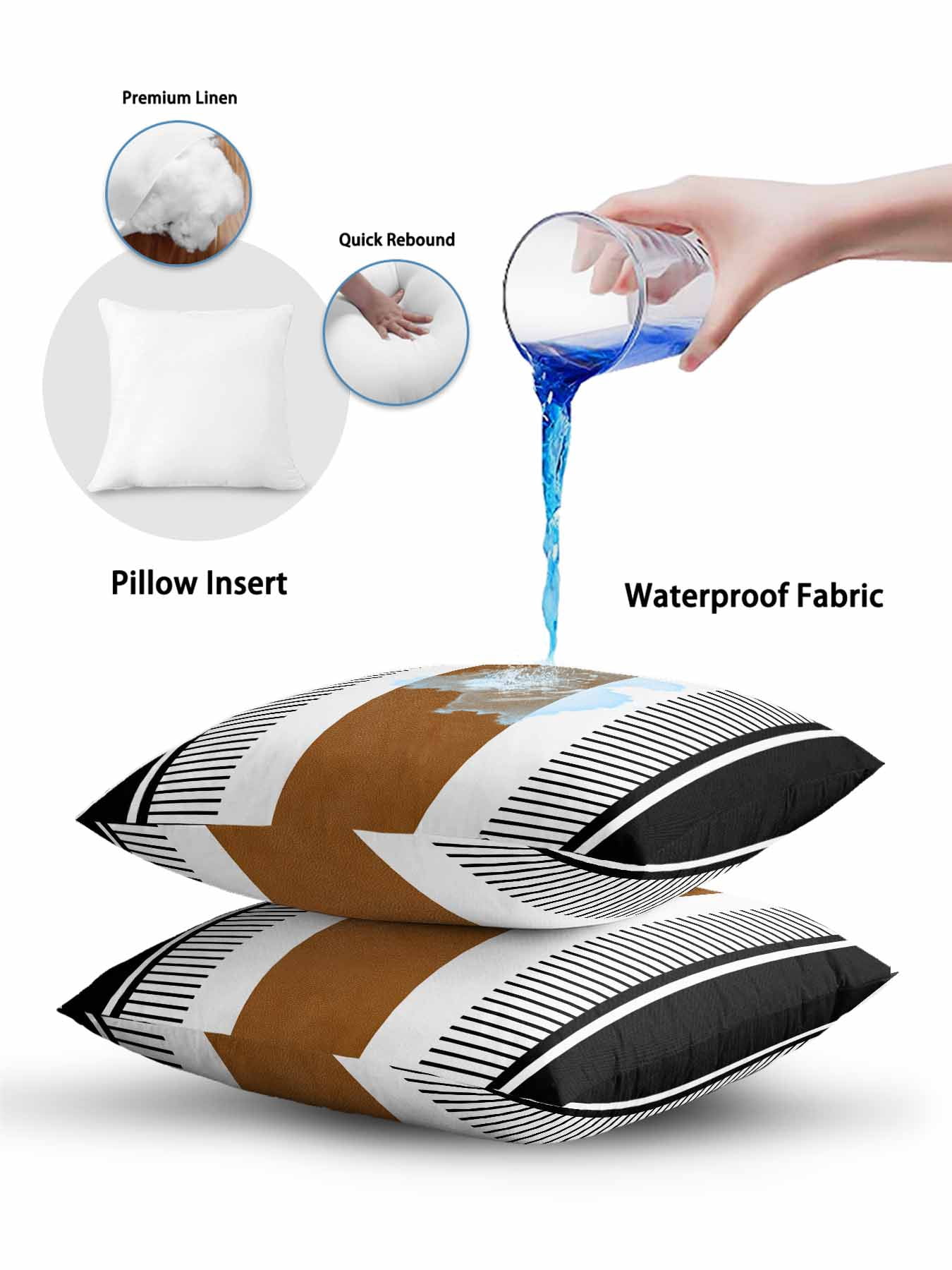 Waterproof Outdoor Throw Pillows with Inserts 12"x20", Modern Brown Black Soft Decorative Pillowcases for Couch Bedroom, Boho Contemporary Geometric Striped Pillow Covers for Sofa Living Room