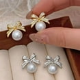 thumbnail image 3 of DESIGNICE Pearl Bow Earrings for Women Elegant Rhinestone Dangle Holiday Jewelry Christmas Party Drop Earrings Pearl Drop Earrings for Women, 3 of 7