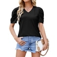 thumbnail image 3 of STARVNC Women V Neck Puff Short Sleeve Cutout T-Shirt, 3 of 7