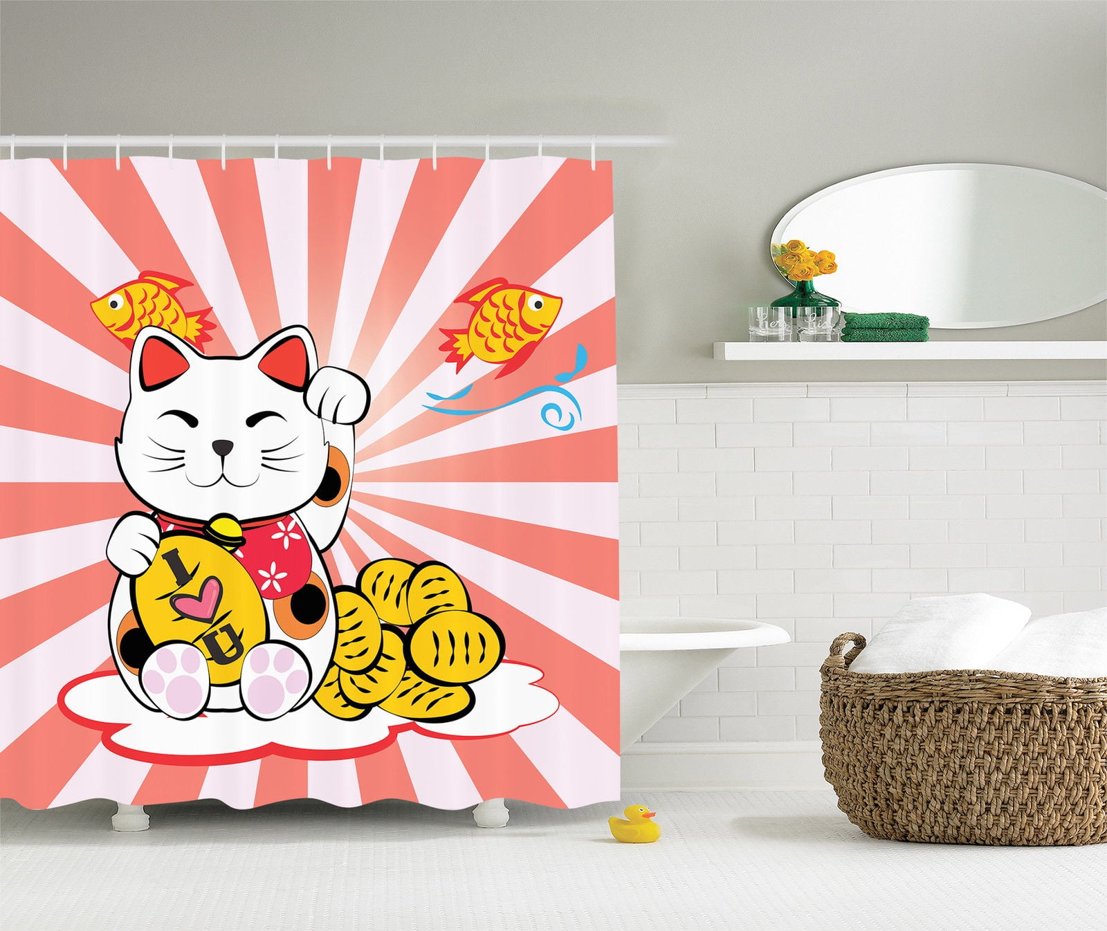 Asian Decor Japan Lucky Cat Neko Gold Fish Koi I Love You Red Sun