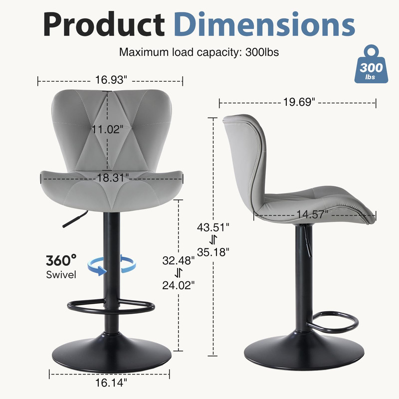 Kelno Swivel Bar Stools Set of 2 Adjustable Height PU Leather Seat with Backrest 360° Swivel for Kitchen Island, Gray