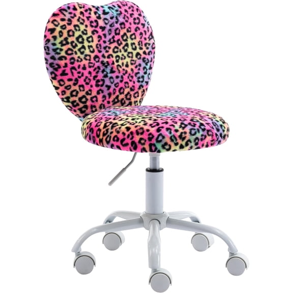 Cute Fuzzy Kids Chair Rolling Study Desk Chair Furry Studing Computer Task Chair Faux Fur Swivel Vanity Chair for Girls Boys Bedroom, Red Leopard
