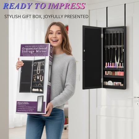 Black Wood-Grain Mirror with Jewelry Storage (77×31×6 cm)