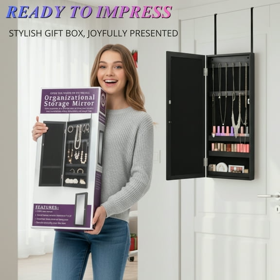 Black Wood-Grain Mirror with Jewelry Storage (77×31×6 cm)