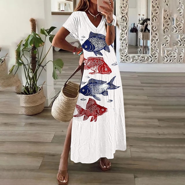 Daiosportswear Robe Maxi d'Été à Fleurs pour Femme, Col en V, Smockée, Style Bohème, Robe Soleil Fluide Longue pour la Plage et les Vacances, Robe à Manches Courtes pour Femme Rouge-G TG(TG)