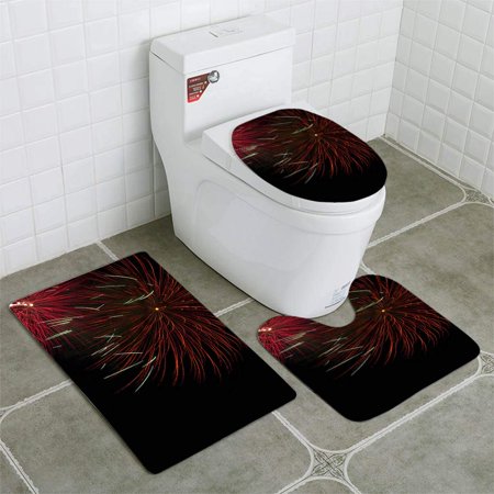 CHAPLLE Red 4th July Fireworks 3 Piece Bathroom Rugs Set Bath Rug Contour Mat and Toilet Lid Cover