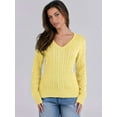 thumbnail image 4 of Women Long Sleeve Cable Knit Sweater Fall Fashion V Neck Fitted Pullover Business Casual Fall Outfits Light Yellow S, 4 of 8