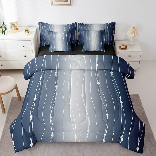 YST Navy Blue and Gray Gradient Comforter Set, 7-Piece, Geometric Design, Twin