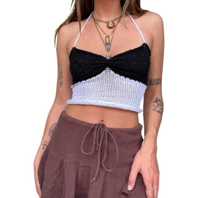 Gupgi Women Halter Crochet Tops, Sleeveless Knit Tank Tops Contrast Color Slim Fit Ruched Vest