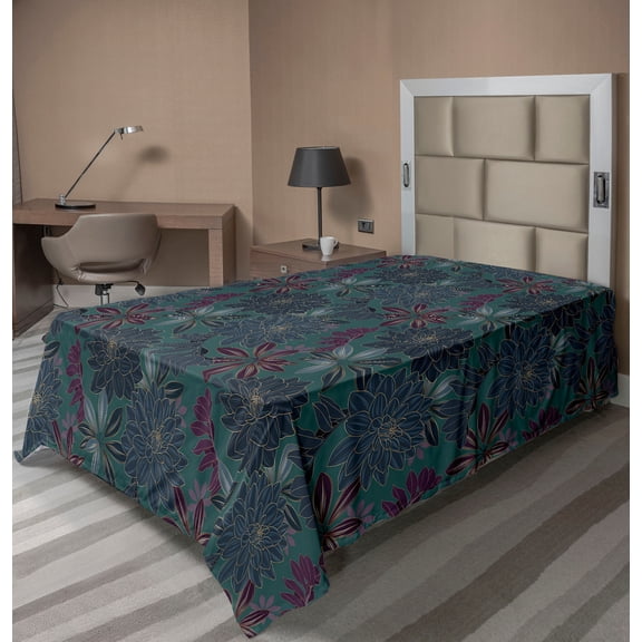 Ambesonne Dahlia Flowers Flat Bedding Sheet Soft Top Sheet, Floral Scene Jungle, Twin, Teal Plum Dark Lavender