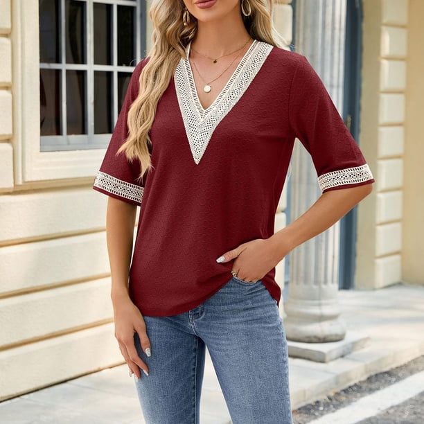 Fiudx Liquidación de Ahorros de Verano Camisas de Blusas con Cuello En V de Manga Corta de Color Sólido Casual de Moda para Mujer
